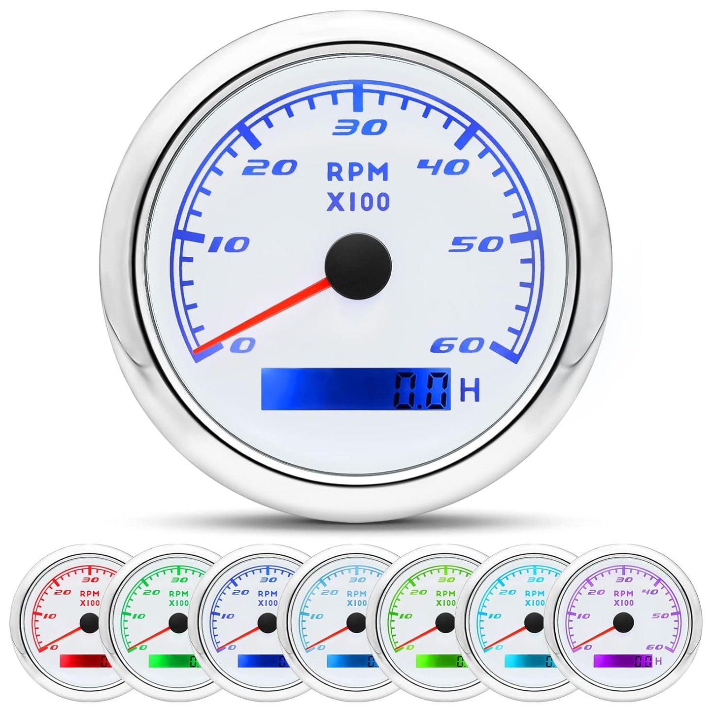 Tachometer Gauge 7 Color 0-6000 RPM Tacho Meter 85Mm 3 3/8" for Auto Boat Marine Vehicle（White）