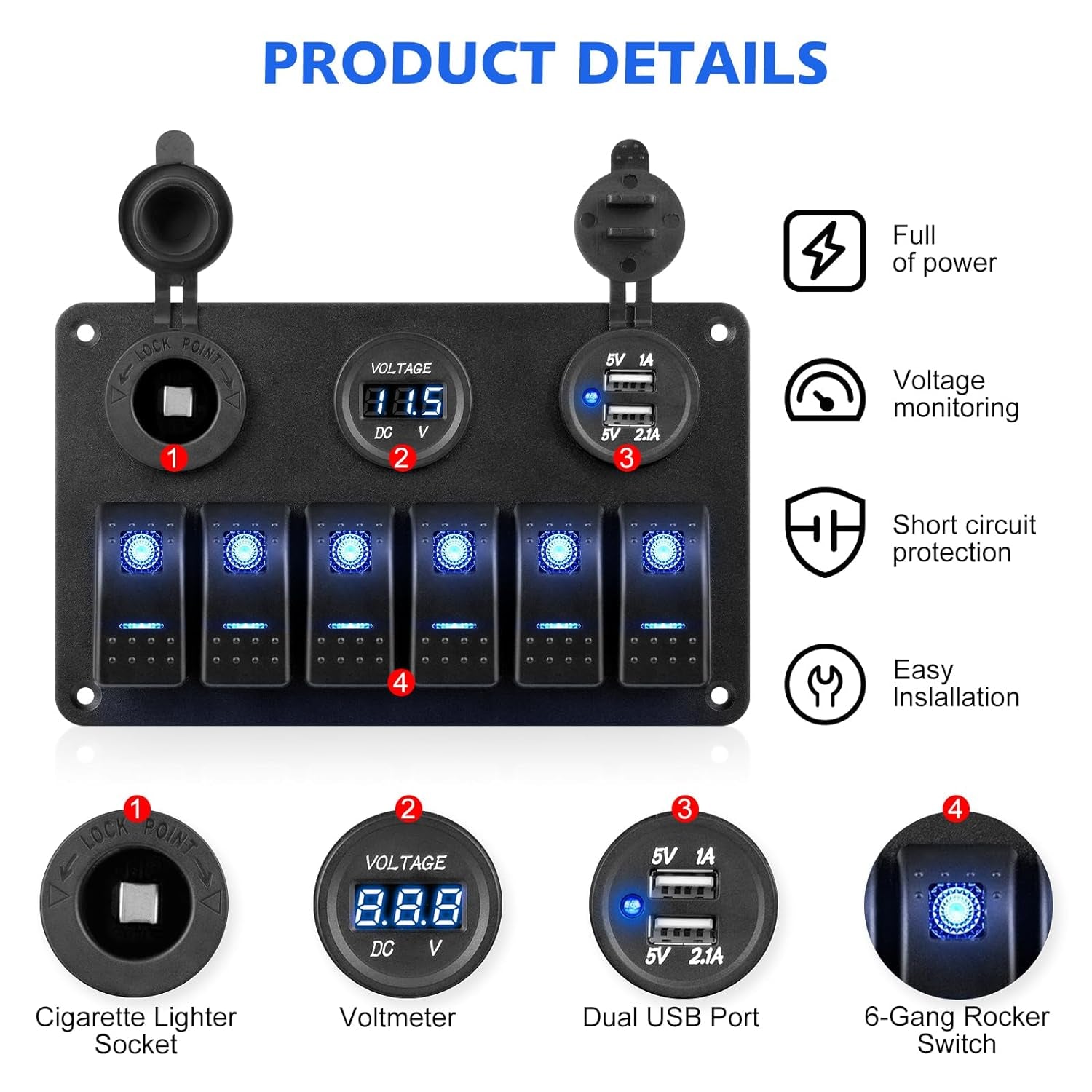 6 Gang Waterproof Marine Boat Rocker Switch Aluminum Panel with Dual USB Slot Socket, Voltmeter Display Blue LED Light for Car Rv Vehicles Truck