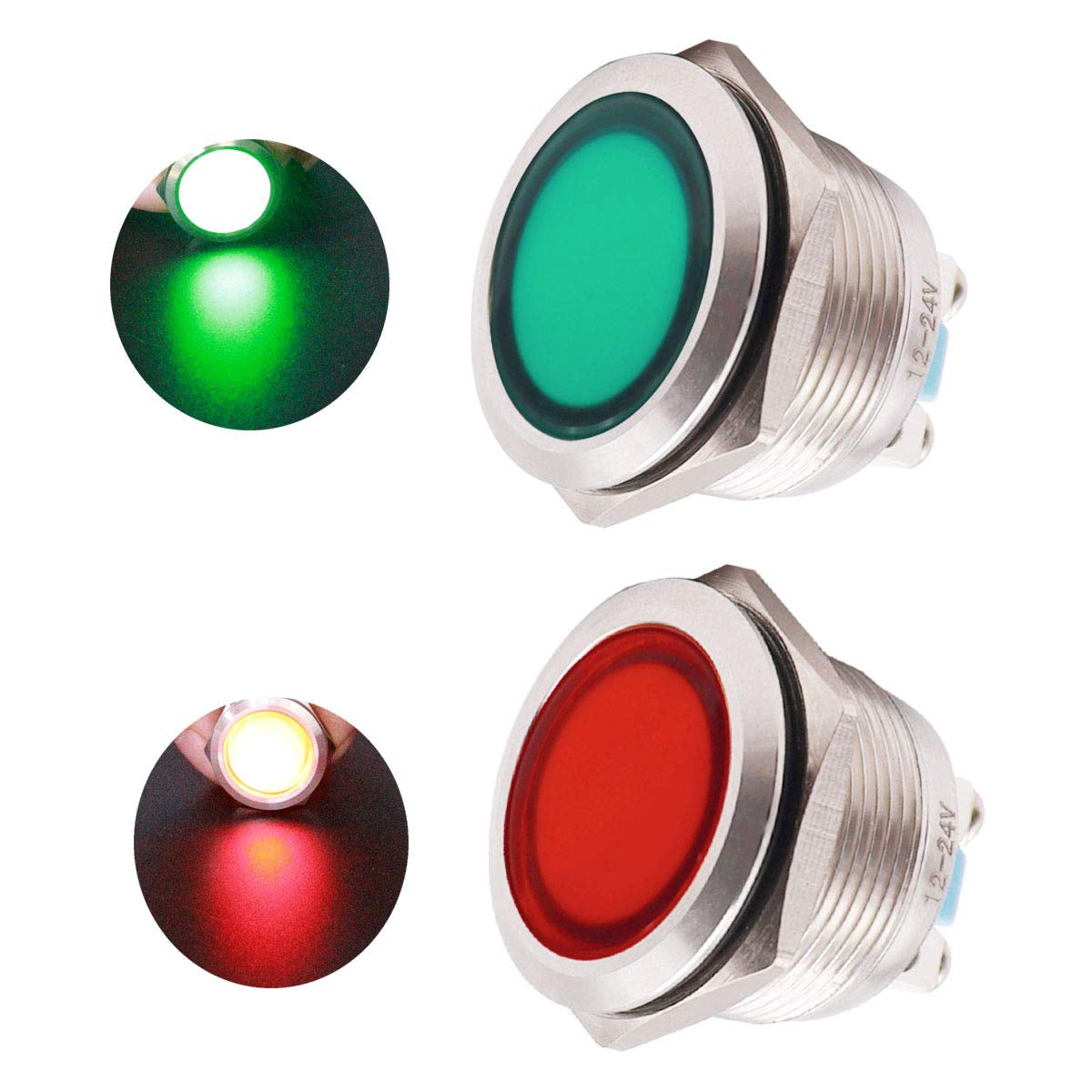 2 Pcs 12V-24V 22Mm LED Metal Indicator Light Waterproof Signal Lamp Red Green with Wire for Car Truck Boat DQ22-12V