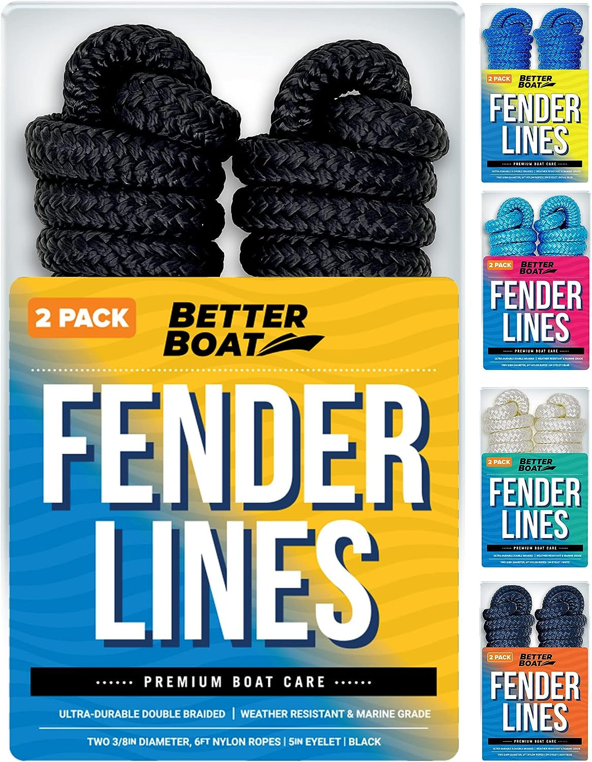 Boat Fender Lines for Boat Bumper Fender Boat Lines Hangers Bag Buoy Marine Rope for Boats or Dock Line Jet Ski Mooring or Small Boating Docking Double Braided Nylon 6 Feet 3/8 Inch with Loop 2 Pack