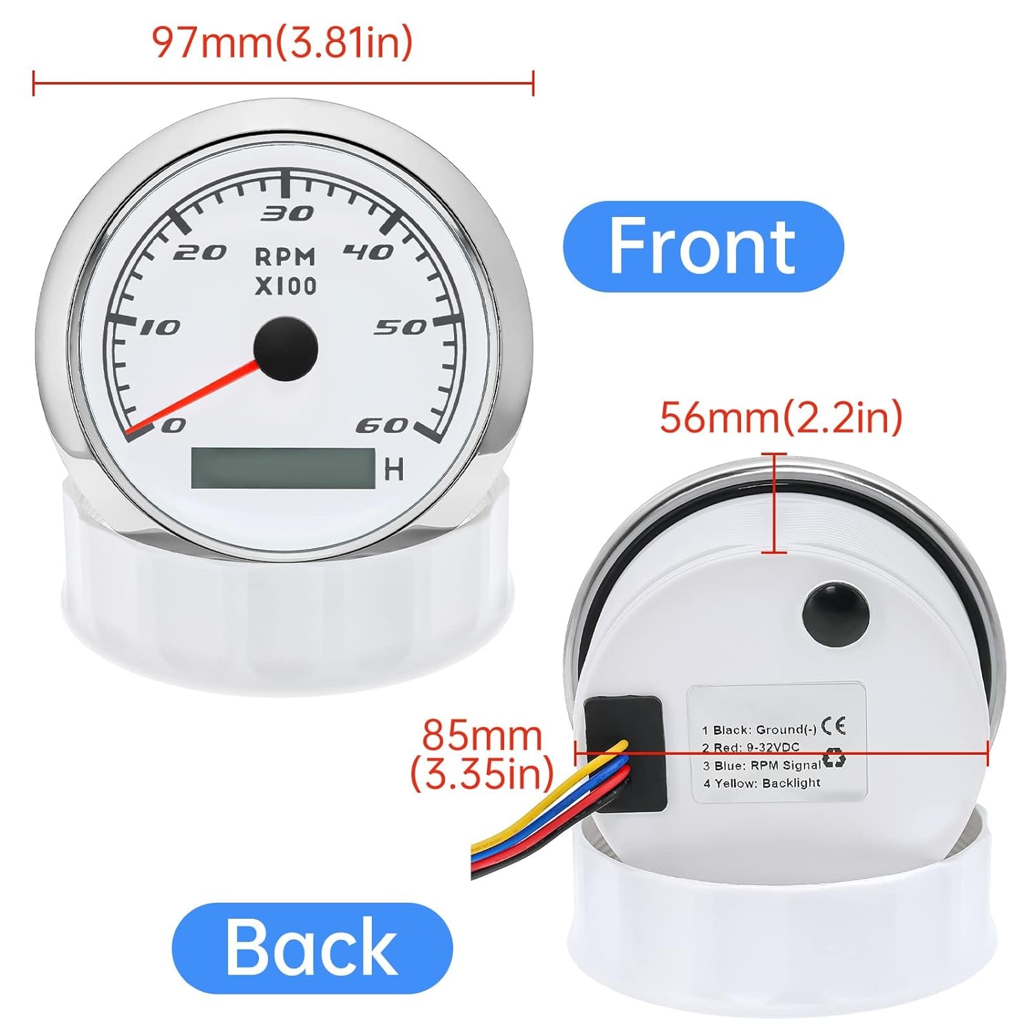 Tachometer Gauge 7 Color 0-6000 RPM Tacho Meter 85Mm 3 3/8" for Auto Boat Marine Vehicle（White）