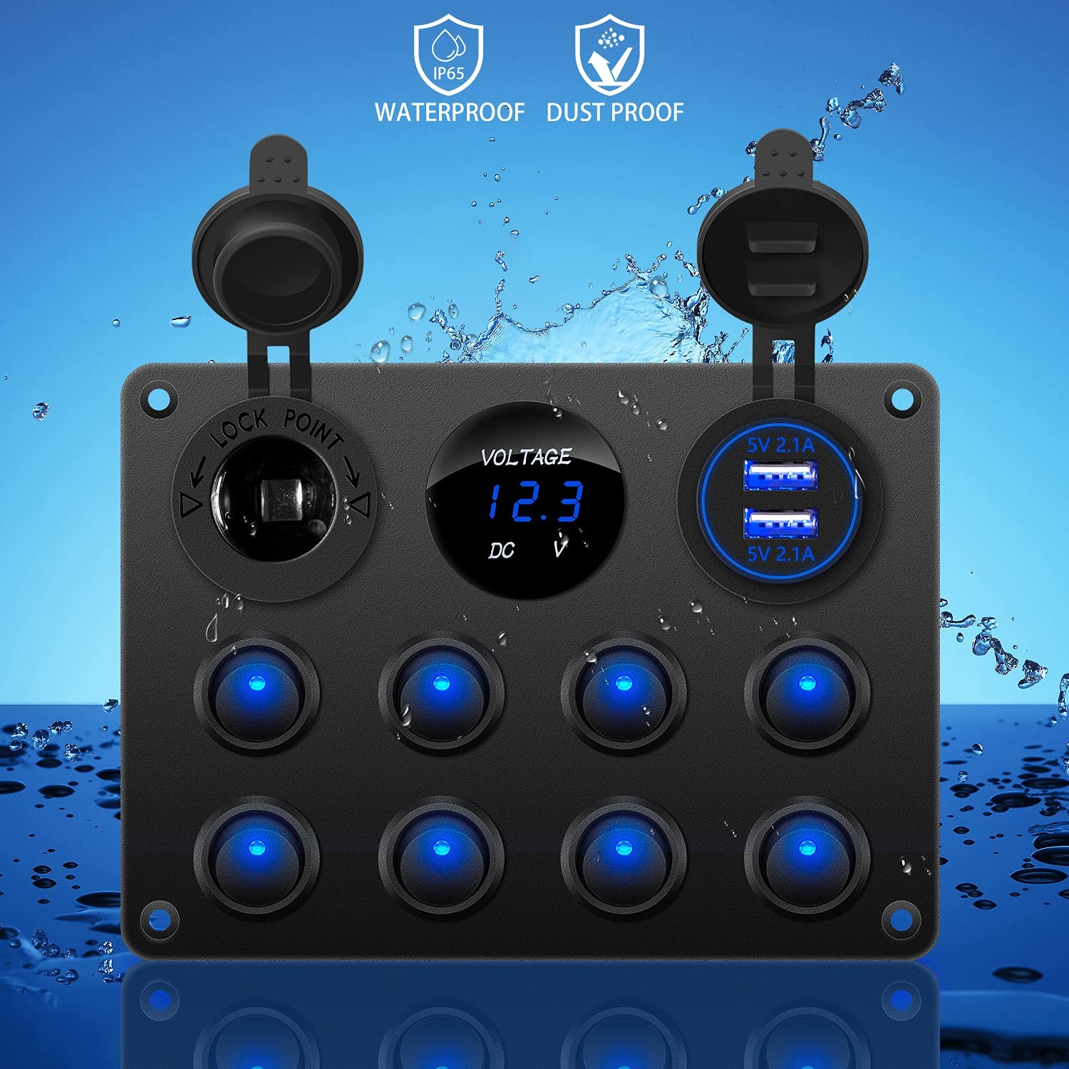 KEING Multi-Function Waterproof 8 Gang Rocker Switch Dual USB Charger + Digital Volmeter + 12V Outlet Pre-Wired Boat Rocker Switch Panel with Circuit Breakers for Marine Boat & Car More