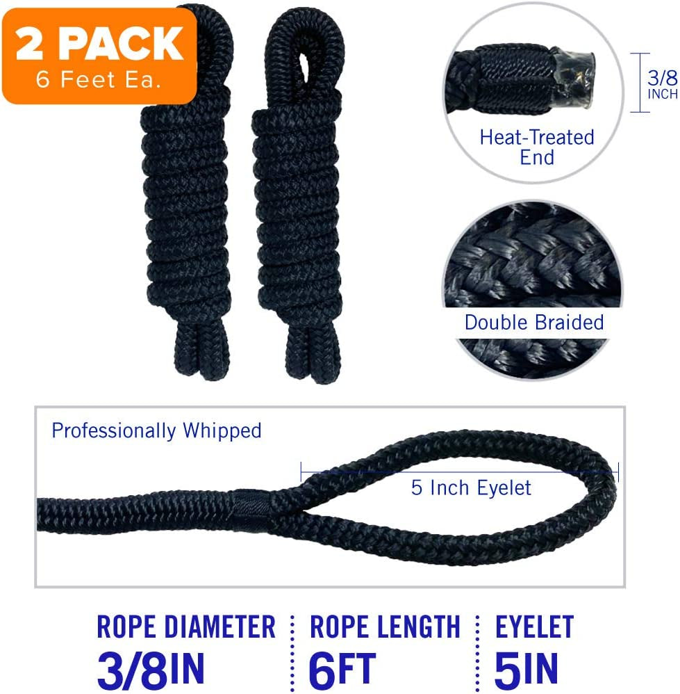 Boat Fender Lines for Boat Bumper Fender Boat Lines Hangers Bag Buoy Marine Rope for Boats or Dock Line Jet Ski Mooring or Small Boating Docking Double Braided Nylon 6 Feet 3/8 Inch with Loop 2 Pack