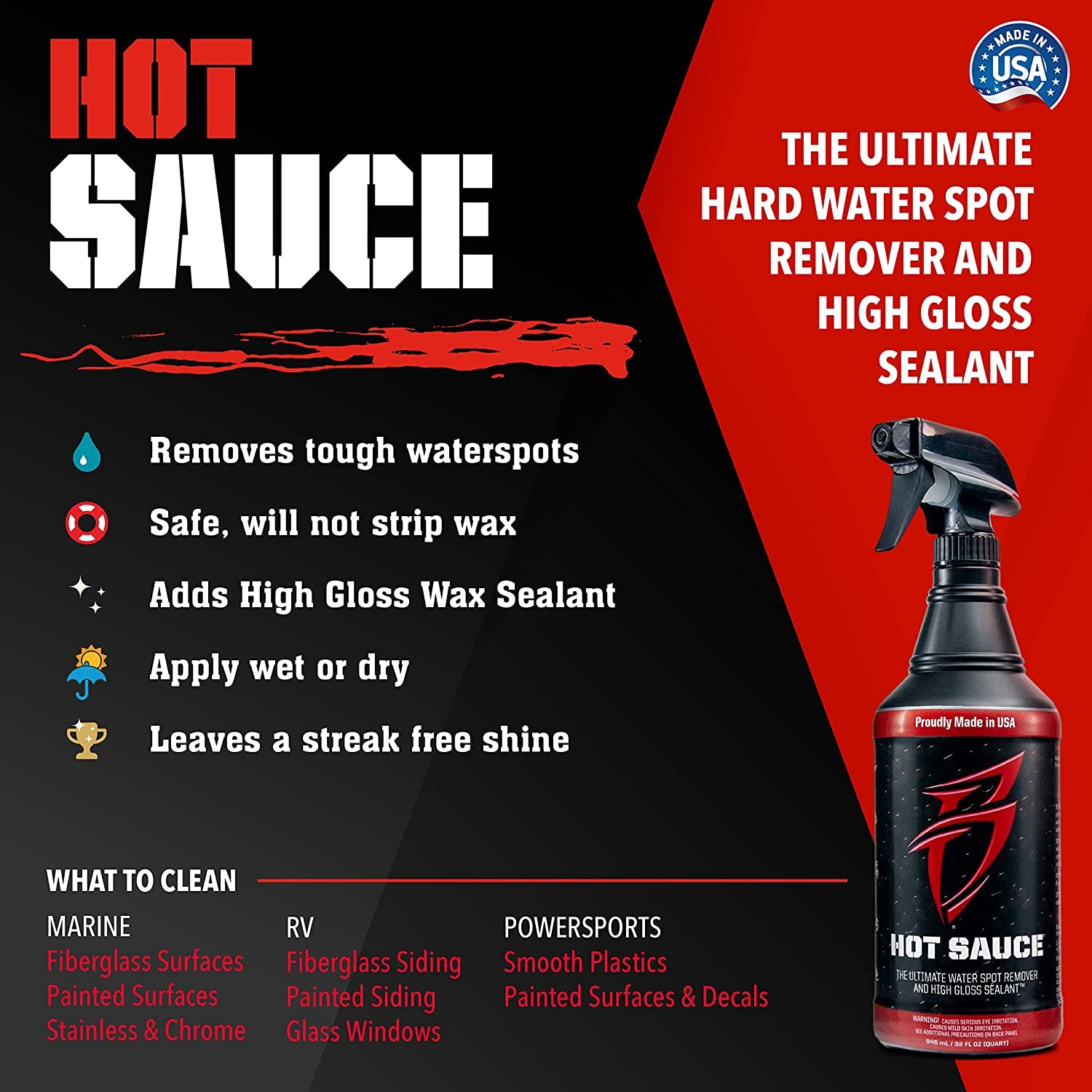 HS-0128 Hot Sauce Hard Water Spot Remover, Gallon Refill, for Boats, Rvs, Powersport Vehicles and More, Black,1 Gallon