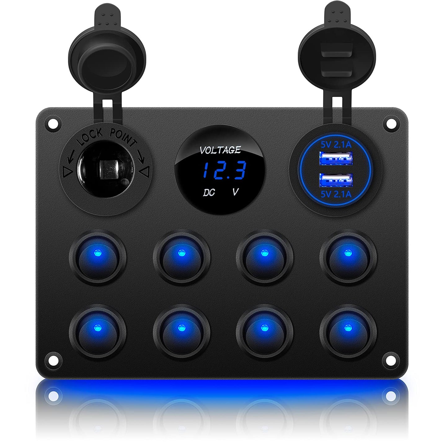 KEING Multi-Function Waterproof 8 Gang Rocker Switch Dual USB Charger + Digital Volmeter + 12V Outlet Pre-Wired Boat Rocker Switch Panel with Circuit Breakers for Marine Boat & Car More