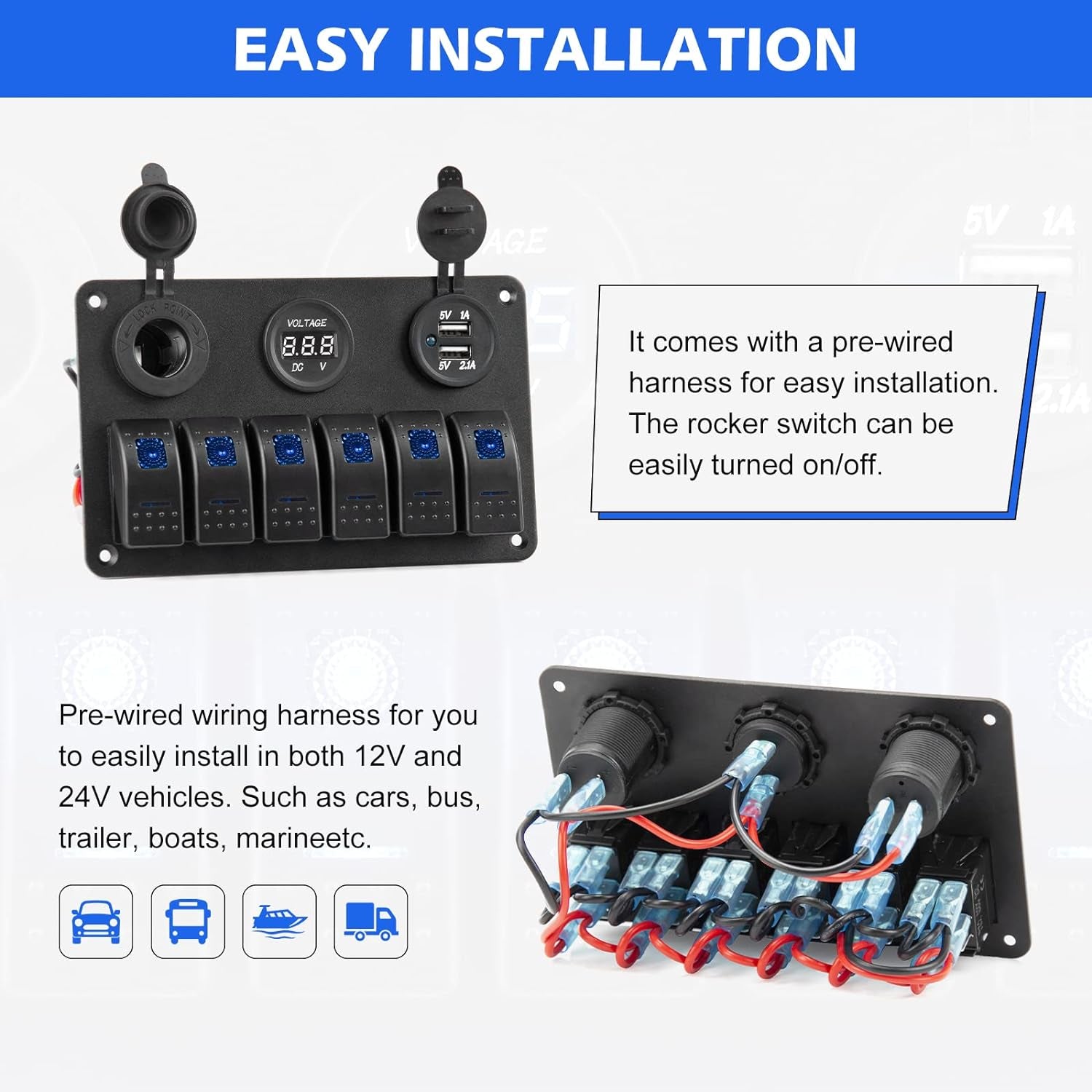 6 Gang Waterproof Marine Boat Rocker Switch Aluminum Panel with Dual USB Slot Socket, Voltmeter Display Blue LED Light for Car Rv Vehicles Truck