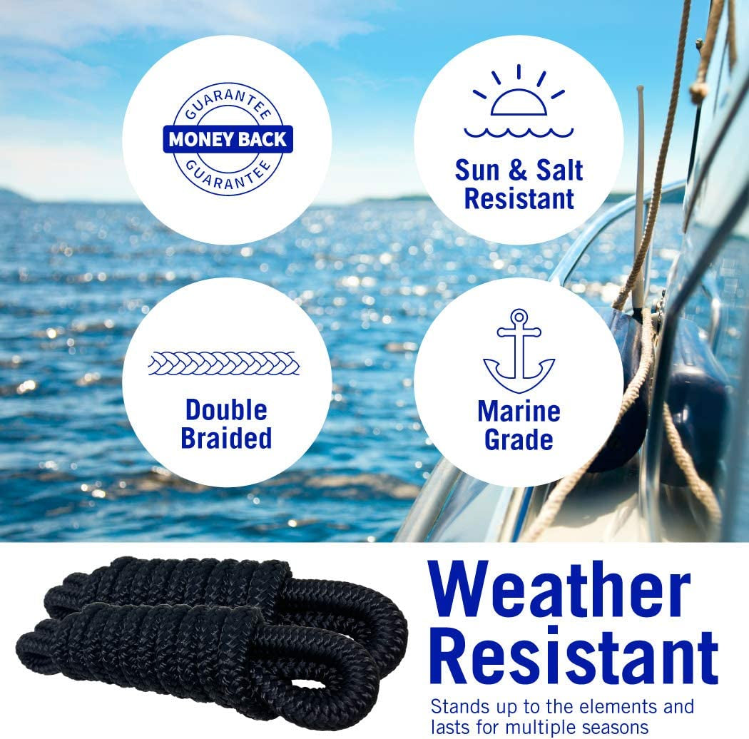 Boat Fender Lines for Boat Bumper Fender Boat Lines Hangers Bag Buoy Marine Rope for Boats or Dock Line Jet Ski Mooring or Small Boating Docking Double Braided Nylon 6 Feet 3/8 Inch with Loop 2 Pack