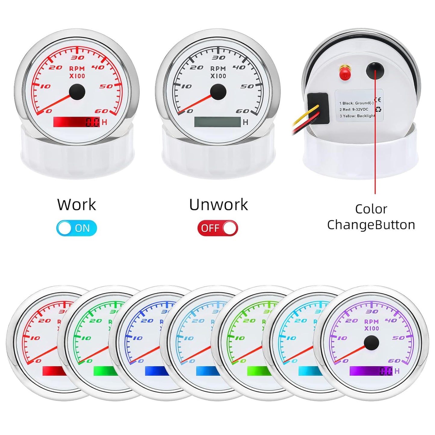 Tachometer Gauge 7 Color 0-6000 RPM Tacho Meter 85Mm 3 3/8" for Auto Boat Marine Vehicle（White）