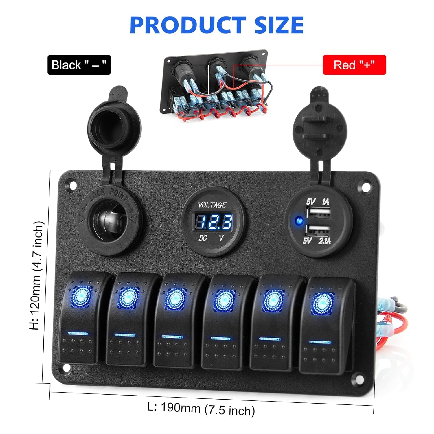 6 Gang Waterproof Marine Boat Rocker Switch Aluminum Panel with Dual USB Slot Socket, Voltmeter Display Blue LED Light for Car Rv Vehicles Truck