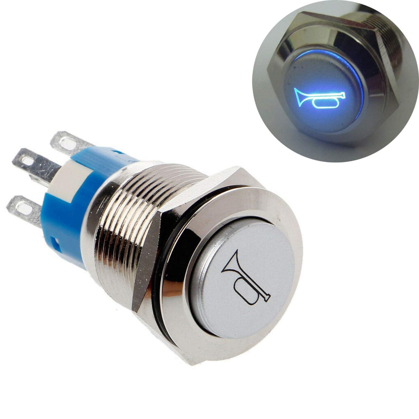 New 12V 5A 12V 19Mm Blue LED Momentary Push Button Metal Switch Car Boat Speakers Bells Horn