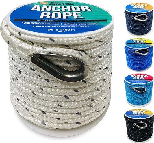 Premium Boat Anchor Rope 100 Ft Double Braided Boat Anchor Line White Nylon Marine Rope Braided 3/8 Anchor Rope Reel for Many Anchors & Boats 3/8 Inch White