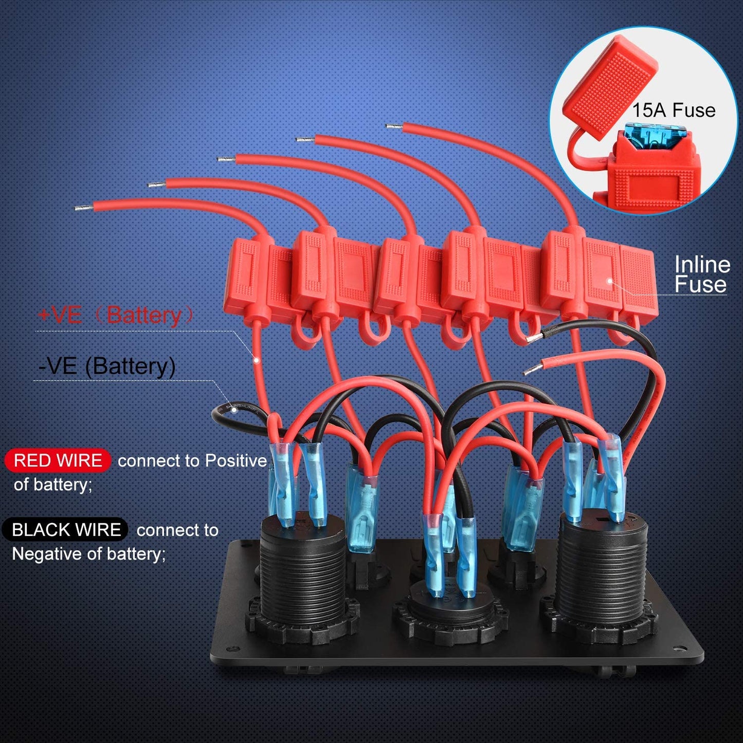 90101E 5Gang Multi-Function 5 Gang Rocker Dual USB Charger + Digital Volmeter +12V Outlet Pre-Wired Switch Panel with Circuit Breakers for RV Car Boat Truck Trailer,2 Years Warranty,Blue