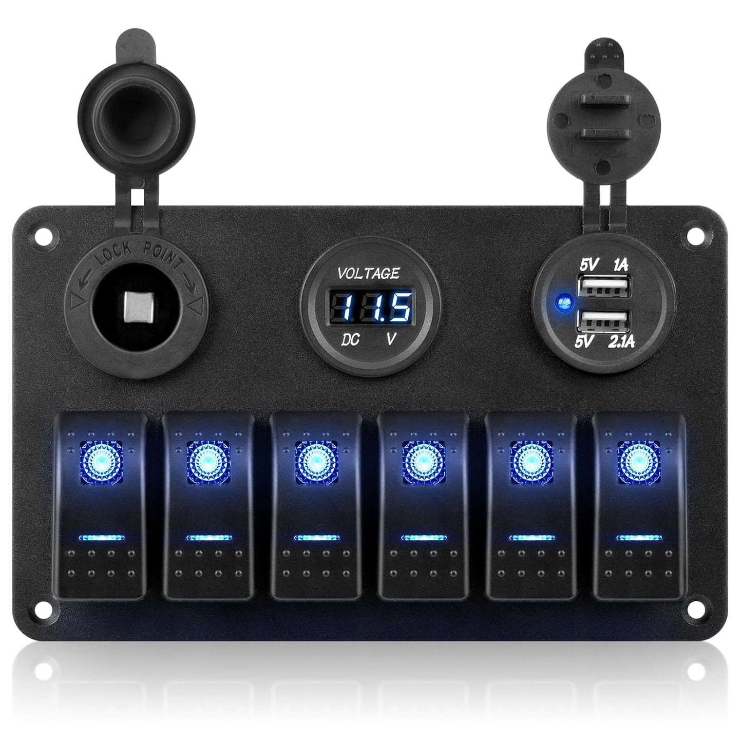 6 Gang Waterproof Marine Boat Rocker Switch Aluminum Panel with Dual USB Slot Socket, Voltmeter Display Blue LED Light for Car Rv Vehicles Truck