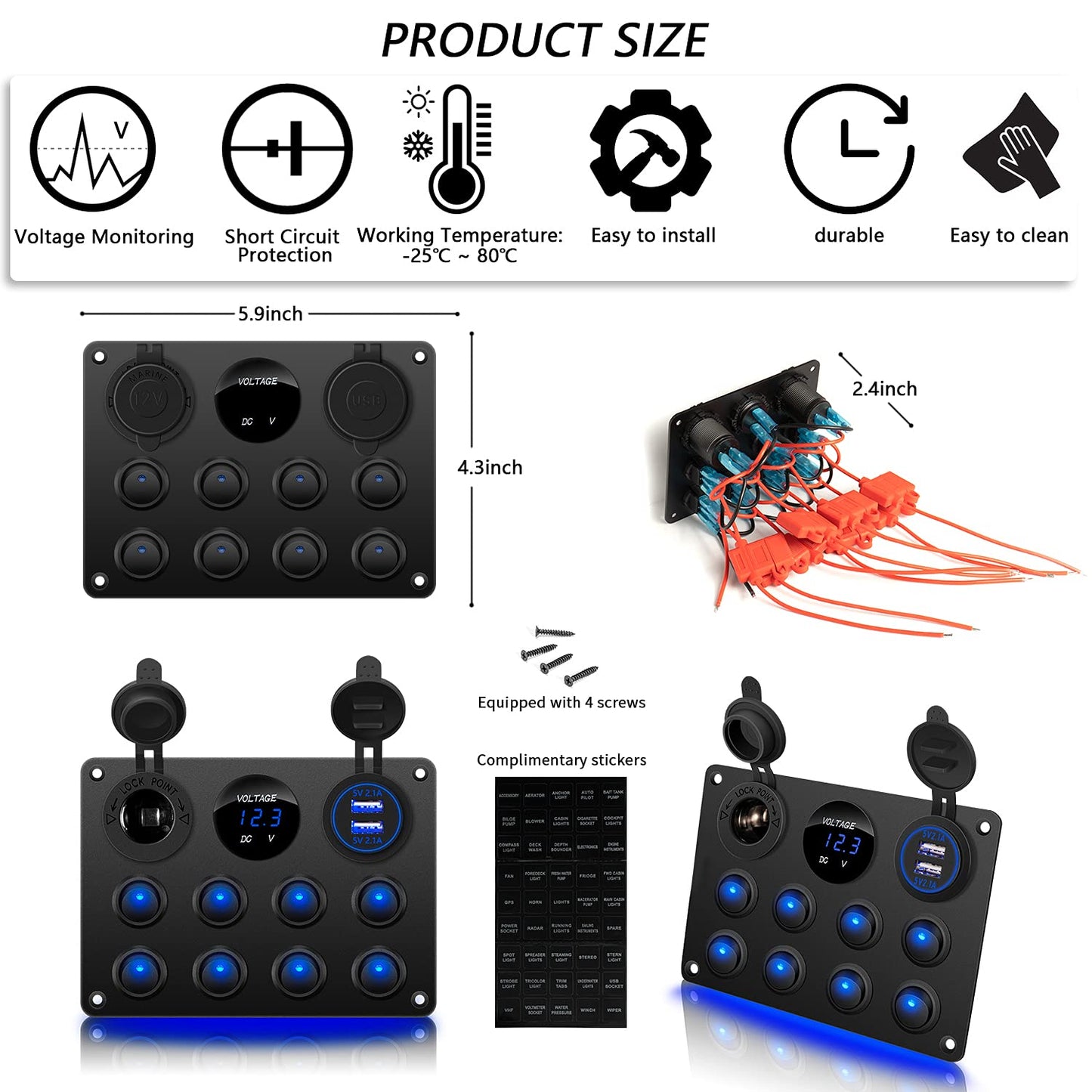 KEING Multi-Function Waterproof 8 Gang Rocker Switch Dual USB Charger + Digital Volmeter + 12V Outlet Pre-Wired Boat Rocker Switch Panel with Circuit Breakers for Marine Boat & Car More