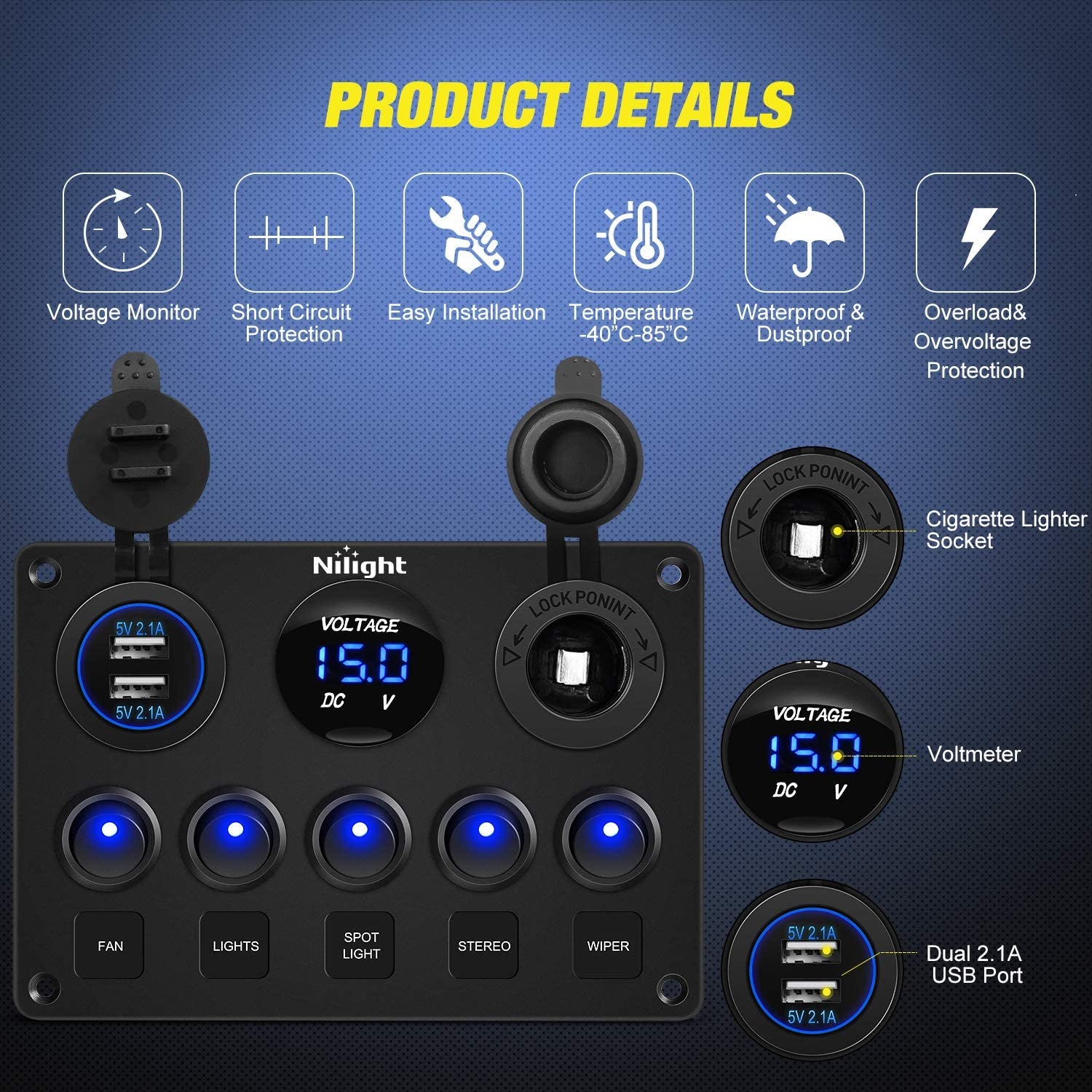 90101E 5Gang Multi-Function 5 Gang Rocker Dual USB Charger + Digital Volmeter +12V Outlet Pre-Wired Switch Panel with Circuit Breakers for RV Car Boat Truck Trailer,2 Years Warranty,Blue