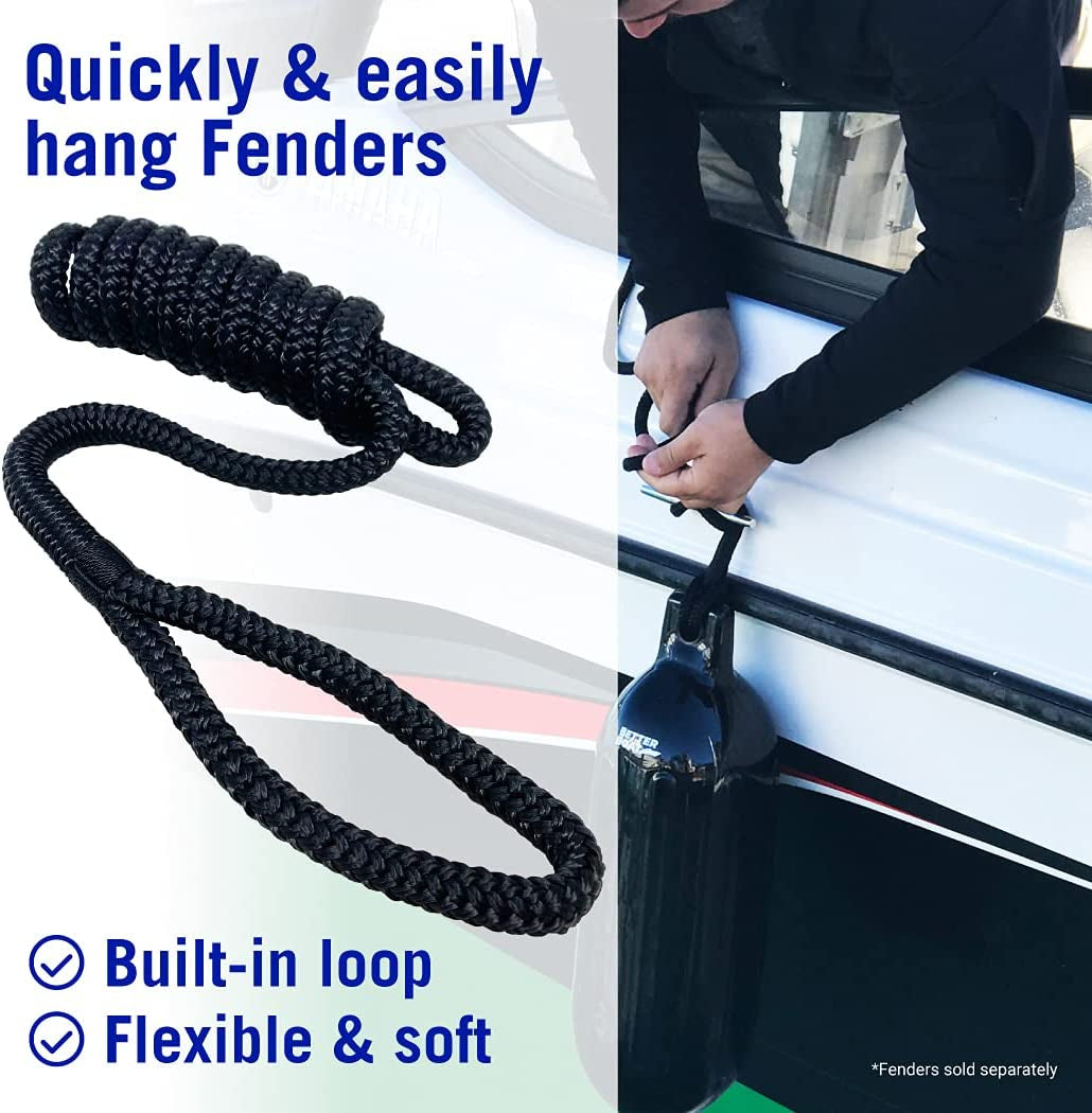 Boat Fender Lines for Boat Bumper Fender Boat Lines Hangers Bag Buoy Marine Rope for Boats or Dock Line Jet Ski Mooring or Small Boating Docking Double Braided Nylon 6 Feet 3/8 Inch with Loop 2 Pack